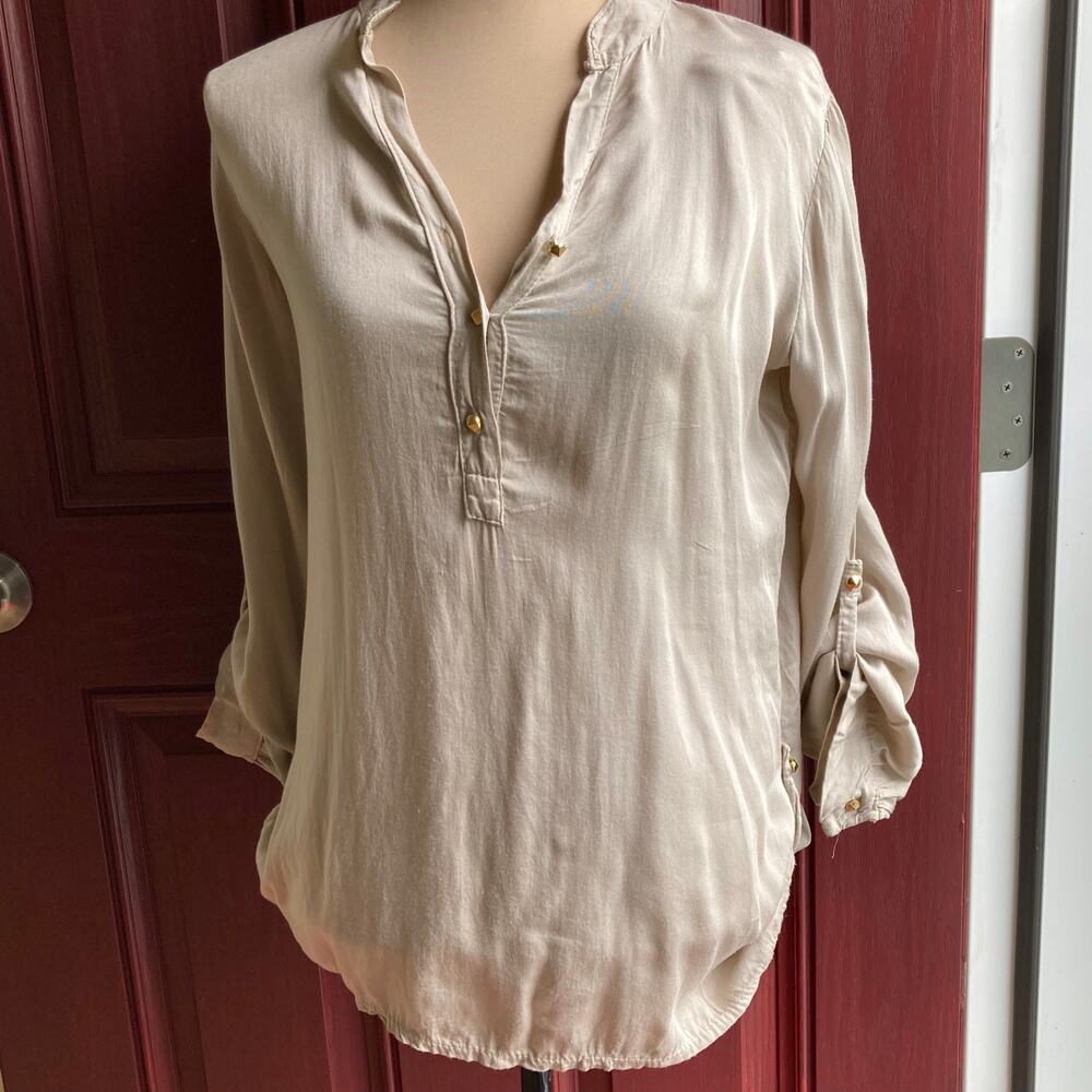 Ama Henley Pullover Blouse Women Italy Sz 7 Cream Viscose Gold Buttons Tunic